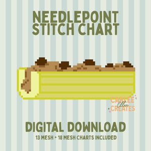May include: A digital needlepoint stitch chart featuring a pixel art illustration of a celery stalk filled with brown peanut butter and topped with dark brown raisins. The text reads NEEDLEPOINT STITCH CHART, DIGITAL DOWNLOAD, 13 MESH + 18 MESH CHARTS INCLUDED.