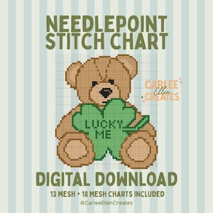 Lucky Me teddybeer borduurpatroon – Shamrock Bear digitaal pdf-patroon voor 13 & 18 mesh – direct downloaden
