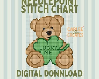 Lucky Me Teddy Bear Needlepoint Chart – Shamrock Bear Digital PDF Pattern for 13 & 18 Mesh - Instant Download