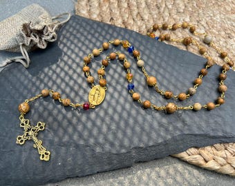 Blue and Yellow Czech GLASS Beads AB Crystal metal Rosary in Gold color Wire with JASPIS mineral natural Stone. Handmade. Blessed.
