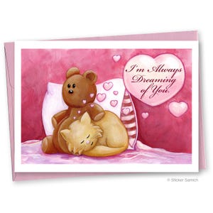 Carte Amour de chat et d'ours en peluche qui rêvent de vous