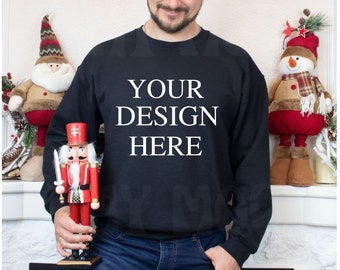 CHRISTMAS MOCKUP MAN, Mens Christmas Sweathirt mockup, Gildan 18000 mockup, Black sweatshirt mockup, Holiday mockup, Model mockup, xmas mock