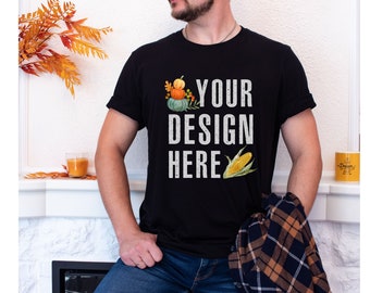 THANKSGIVING MODEL MOCKUP, Man Mockup, Fall Mockup, Mens shirt mockup, Bella Canvas 3001 men mockup, Bc 3001 black mock up, Man shirt mockup