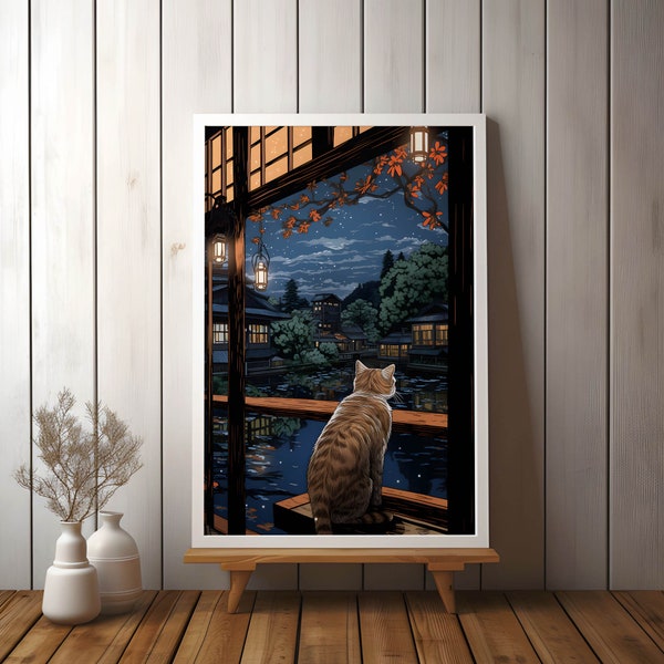 Japanese Hokusai Ukiyo-e Cat Wall Art, Trendy Vintage Printable Poster for Home Decor, Perfect Gift for Cat Lovers