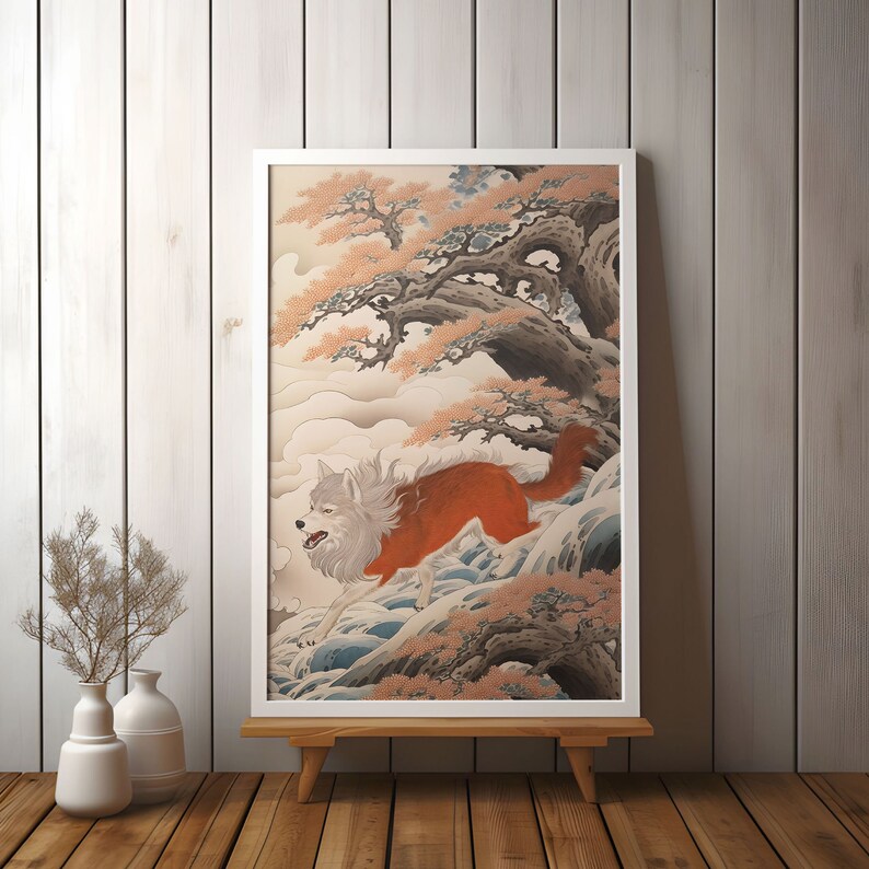 Sakura Hokusai Ukiyo-e Wolf Printable Wall Art, Edo Period Vintage ...