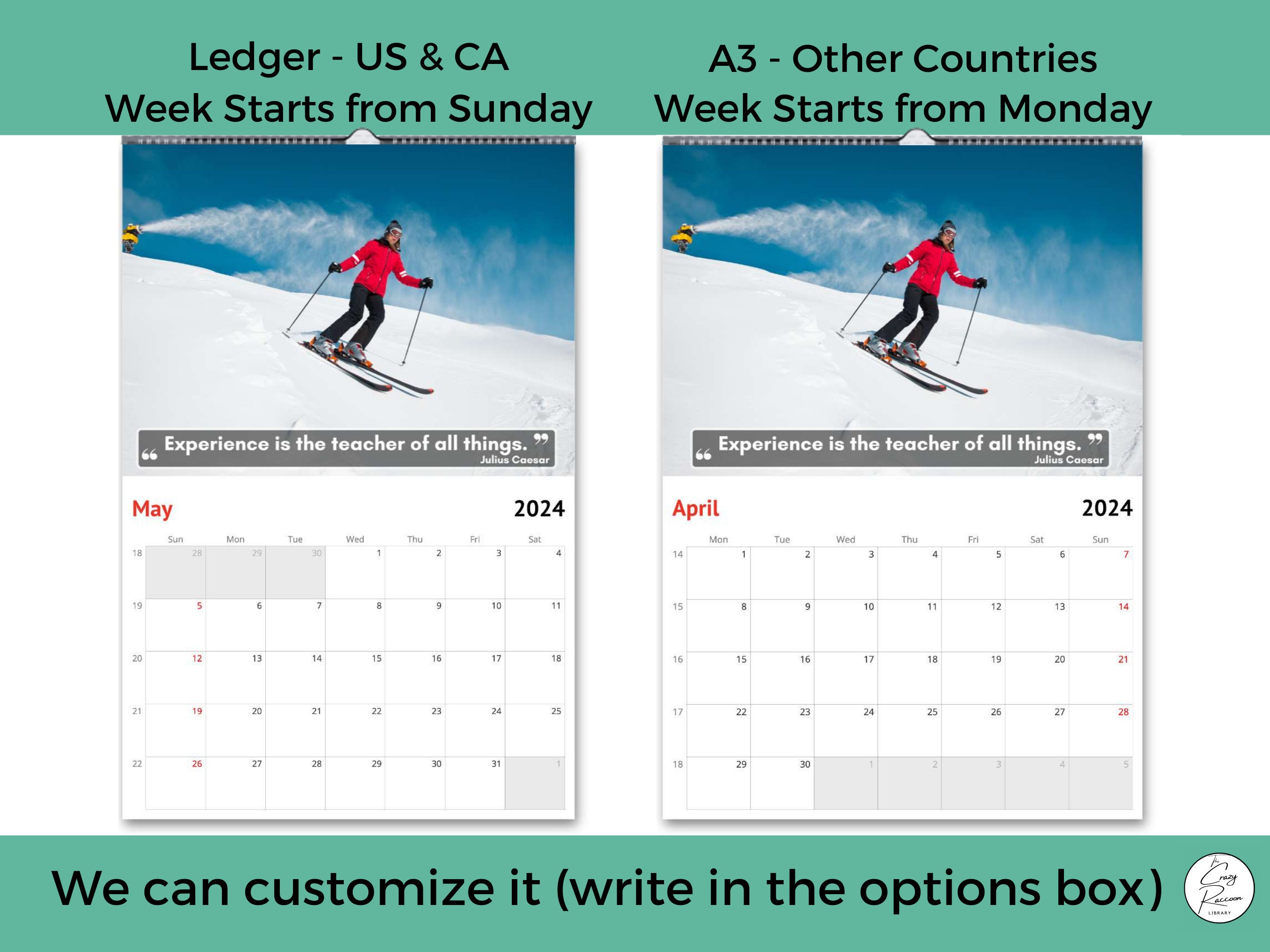 Skiing Wall Calendar 2024, Great Gift Idea for Skiing Lovers Etsy