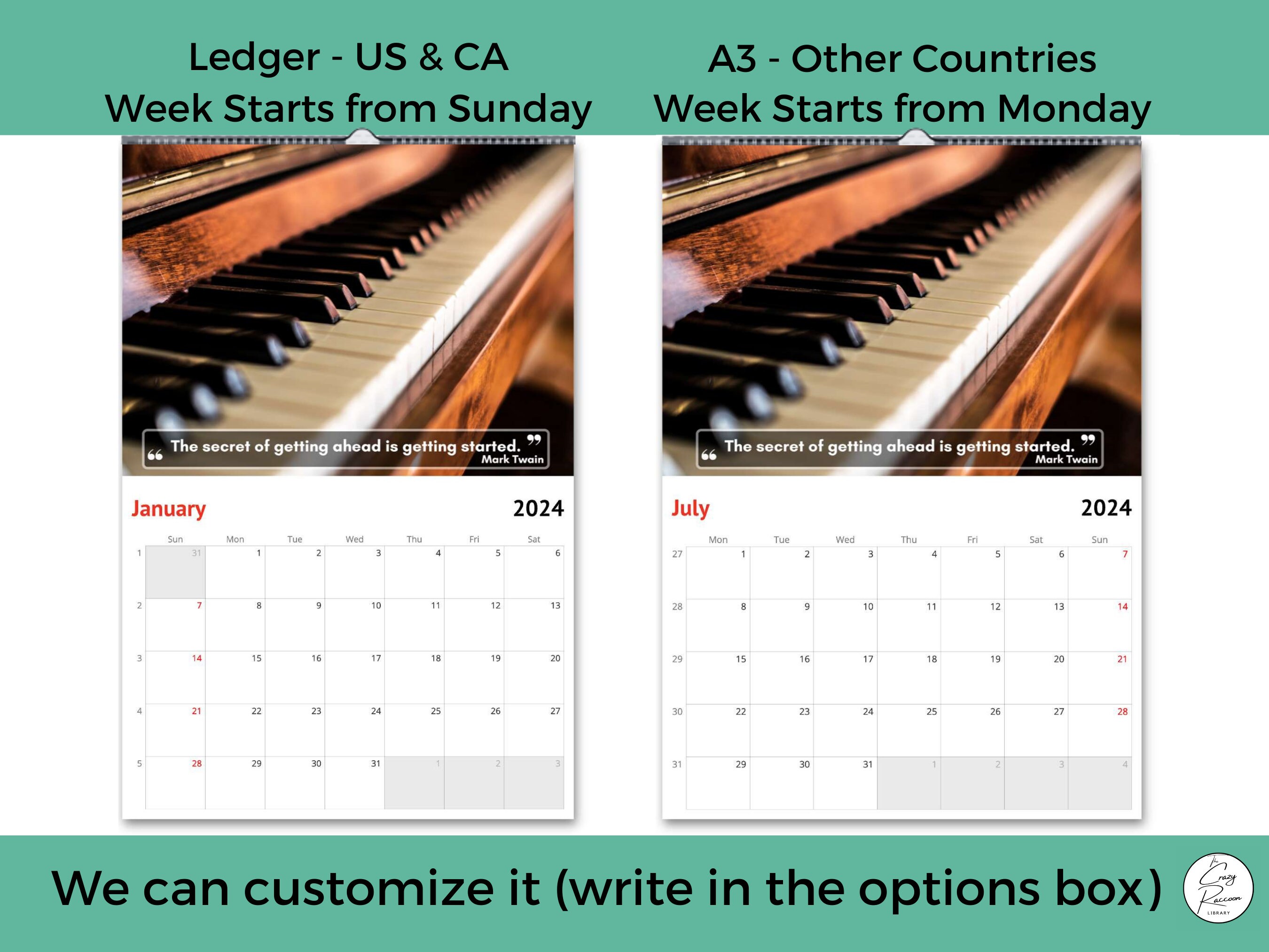 Piano Wall Calendar 2024, Great Gift Idea for Piano Lovers 