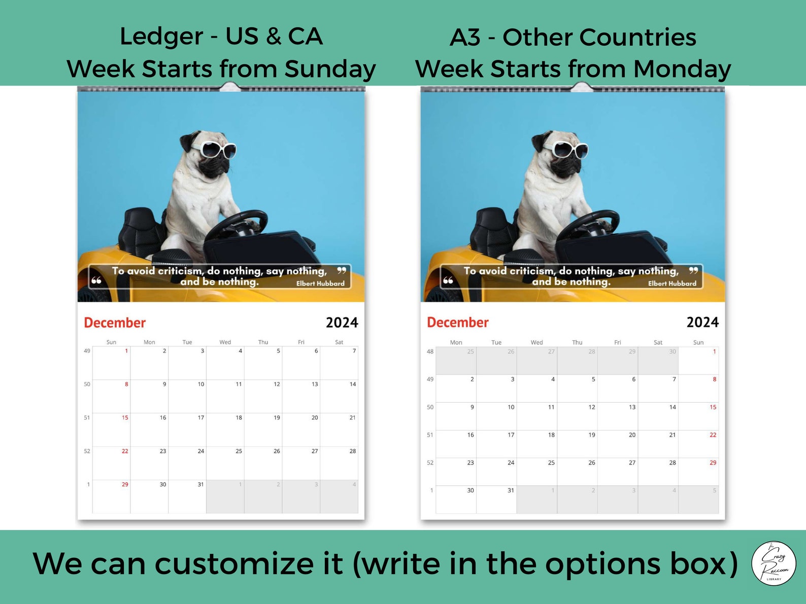 Funny Pugs Wall Calendar 2024 Pug Gifts Cute Gift Idea For Etsy