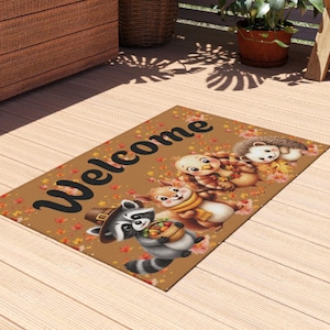Woodland Creatures Welcome Mat: Autumn Decor, Non-Slip Patio Rug