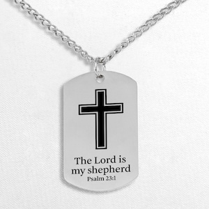 Personalized Christian Military Dog Tag Necklace | Engraved Stainless Steel Pendant with Cross & Psalm 23