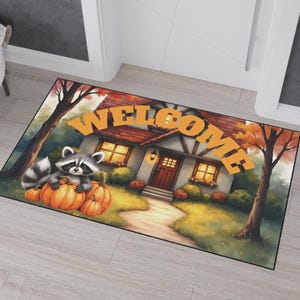 Welcome Home Raccoon Floor Mat: Fall Decor Entryway Rug