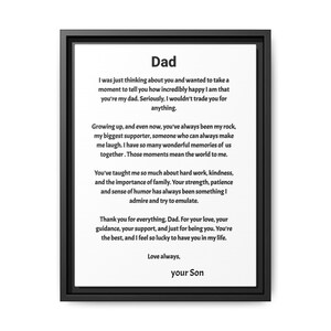 Impresión de arte de pared, carta personalizada para papá en un marco - Lienzo mate, multicolor, decoración enmarcada, regalo único para el Día del Padre, arte familiar personalizado,