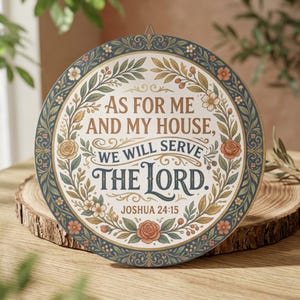 May include: Round decorative sign with the text "AS FOR ME AND MY HOUSE, WE WILL SERVE THE LORD. Joshua 24:15". The sign has a floral design with a blue and gold border and is displayed on a wooden surface.