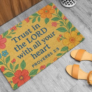 Polyester Doormat, Floral Bible Verse Christian Home Decor, Proverbs 3:5 Entry Mat, Religious Scripture Welcome Rug, Inspirational Door