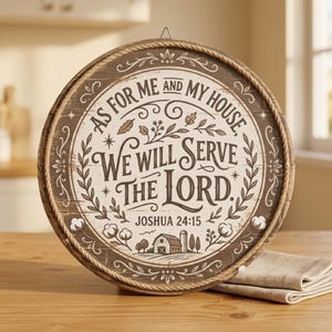 May include: Round wooden sign with the text "As for me and my house, we will serve the Lord." The sign has a rope border and a farmhouse scene at the bottom. The sign is on a wooden table.