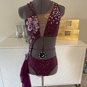 Purple/Plum lyrical solo dance costume with beautiful 3-D appliqués. Made to order (no refund or exchange). Ships in 6-8weeks.