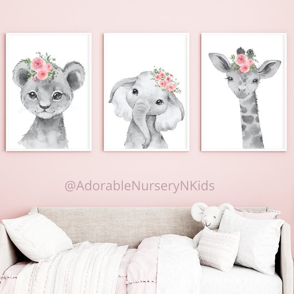 Girl Nursery Decor, Safari Animals, Pink Nursery Art, Jungle Animal Print, Floral Nursery Prints, Nursery Wall Art Animals, Elephant Nursery