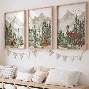 Chambre d'enfant sur le thème de l'aventure, imprimé animal des bois, pépinière, art de la montagne pour chambre d'enfant, chambre de bébé sans distinction de sexe, pépinière de forêt, pépinière des bois