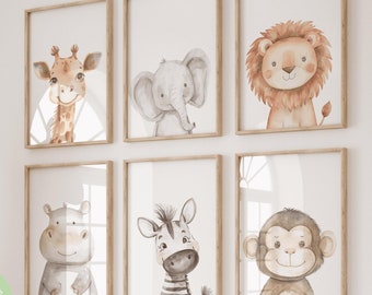 Animal nursery, Safari nursery decor, Safari animal prints, Set of 6, Safari baby animals, Jungle nursery, Neutral nursery, Kids room art