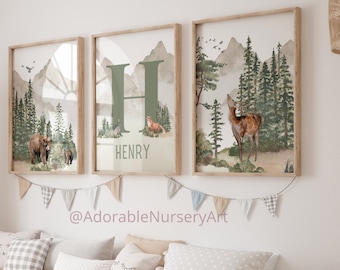 Mountain Nursery Decor, Adventure Theme Nursery, Woodland Animal Print, Personalized Name Prints, Forest Nursery Prints, Neutral Nursery Art