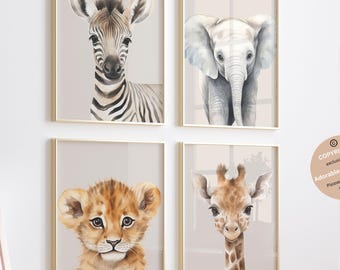 Láminas de animales de safari para guardería: juego de 4, decoración para habitación de bebé