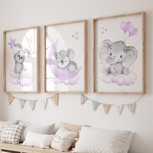 Nursery Decor Elephant, Koala, Bunny, Purple Nursery Decor, Girl Nursery Decor, Nursery Wall Art Animals, Lavender Nursery, Cloud and Stars