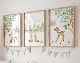 Waldtier Drucke, Bär, Reh, Fuchs, Kaninchen, Bär, Kinderzimmer Dekor Junge Wald, Waldland Drucke, Gender Neutrales Kinderzimmer