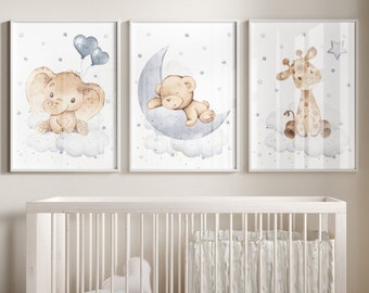 Nursery Animal Prints Set: Elephant, Giraffe, Bear, Cloud & Stars