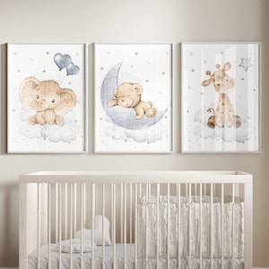 Gender Neutral Nursery, Nursery Decor Elephant, Giraffe, Bear, Gray Nursery Decor, Nursery Wall Art Animals, Cloud and Stars, Animal Prints