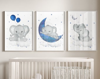 Elephant Nursery Art: Navy Blue Cloud & Stars Prints - Etsy
