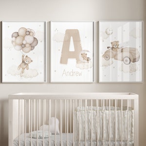 Set of 3 Custom Teddy Bear nursery wall art print| Personalized name Teddy bear Nursery Decor| Nursery Child Kids Decor| Cloud, Moon, Ballon