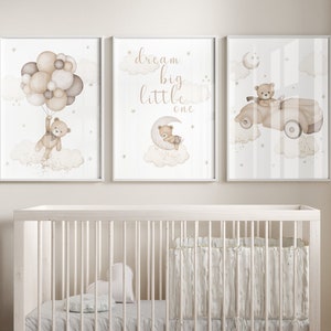 Lot de 3 impressions d'art mural pour chambre d'enfant ours en peluche | Décoration chambre d'enfant | Ours, lune, ballon| Déco pour chambre d'enfant | Impression neutre bébé | Neutre