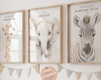 Christian nursery decor, Safari animal prints, Bible verse nursery art, Scripture nursery, Neutral nursery, Animal nursery, Jungle nursery