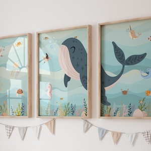 Guardería oceánica, guardería náutica, arte mural de animales marinos, impresión de ballenas, arte bajo el mar, guardería con temática oceánica, impresión de guardería para niños, decoración de sala de juegos
