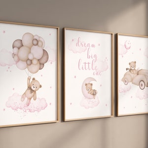 Set von 3 Teddybären Kinderzimmer Wand Kunst Druck | Bär Kinderzimmer Dekor | Bär ,Mond,ballon| Kinderzimmer Mädchen Dekor | Baby Mädchen Druck | rosa Kinderzimmer Dekor