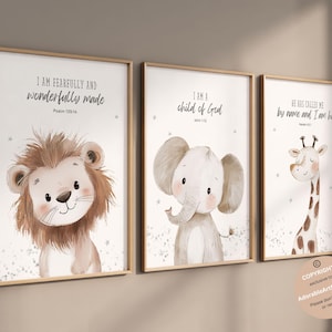 Christian nursery wall art, Bible verse nursery, Animal prints, Scripture nursery, Plush animals, Baby animal prints, Safari nursery decor