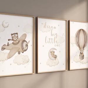 Conjunto de 3 impressões de arte de parede de berçário de urso de pelúcia | Decoração de berçário de urso | Urso, lua, balão | Decoração infantil de berçário | Impressão neutra de bebê | Neutro