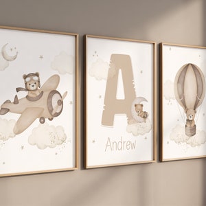 Set of 3 Custom Teddy Bear nursery wall art print| Personalized name Teddy bear Nursery Decor| Nursery Child Kids Decor| Cloud, Moon, Ballon
