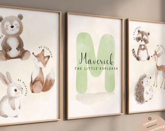 Woodland Animal Prints, Personalized name print, Woodland Nursery Wall Art Gift, Forest Animal Nursery Decor, Watercolor Bear Deer Fox Print