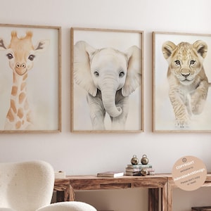 サファリ動物プリント、サファリ子供部屋装飾、3個セット、サファリの赤ちゃん動物、ジャングル子供部屋、ニュートラル子供部屋、子供部屋のアート、動物子供部屋