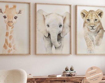 Safari animal prints, Safari nursery decor, Set of 3, Safari baby animals, Jungle nursery, Neutral nursery, Kids room art, Animal nursery