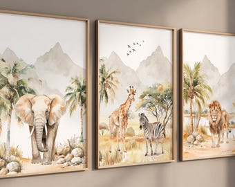 Stampe di animali del safari, decorazioni per cameretta dei bambini in stile safari, set da 3, cuccioli di animali del safari, cameretta dei bambini nella giungla, animali della giungla, arte per camerette dei bambini, arte per camerette con animali