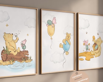 May include: A set of three Winnie the Pooh nursery prints featuring Winnie the Pooh and Piglet in various scenes. The first print shows Winnie the Pooh and Piglet sitting on a log by a pond. The second print shows Winnie the Pooh holding a blue balloon and Piglet riding a yellow balloon. The third print shows Winnie the Pooh and Piglet covered in honey.