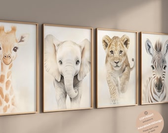 Safari animal prints, Safari nursery decor, Set of 4, Safari baby animals, Jungle nursery, Neutral nursery, Kids room art, Animal nursery