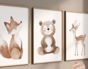 Woodland Animal Prints, Woodland Nursery Wall Art Gift, Boy Nursery Wall Art, Forest Animal Nursery Decor, Aquarel Bear Deer Fox Prints