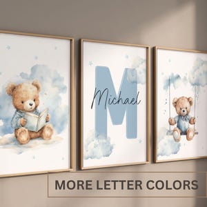 Set of 3 Custom Teddy Bear nursery wall art print| Personalized name Teddy bear Nursery Decor| Nursery Child Kids Decor| Cloud, Moon, Ballon