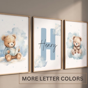 Set of 3 Custom Teddy Bear nursery wall art print| Personalized name Teddy bear Nursery Decor| Nursery Child Kids Decor| Cloud, Moon, Ballon