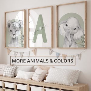 Estampados de animales de safari, elefante, león, jirafa, decoración de dormitorio infantil de género neutro en verde salvia, estampados de animales de la jungla, juego de 3 impresiones