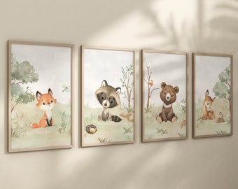 Láminas de bosque para habitación infantil, decoración de habitación infantil de género neutro: oso, zorro, ciervo, mapache, conejo, decoración de habitación infantil de niño, estampados de animales del bosque