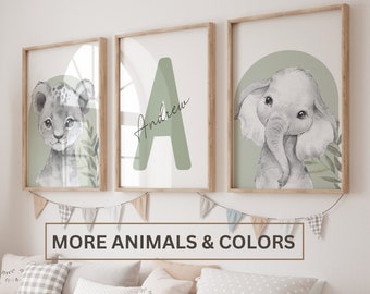 Safari dierenprints, olifant leeuw giraf, saliegroen genderneutraal decor kinderkamer speelkamer, jungle dierenprints, set van 3 prints